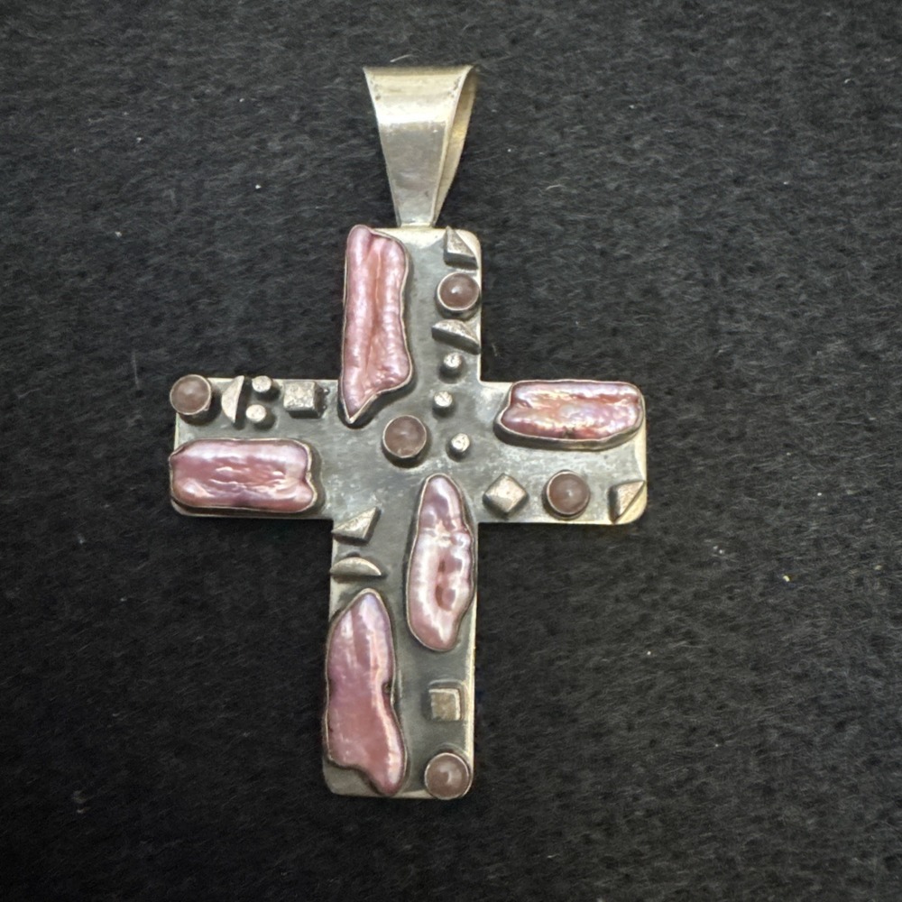 Vintage Native Signed DI 925 XL Sterling Cross Pendant Purple MOP Unique!